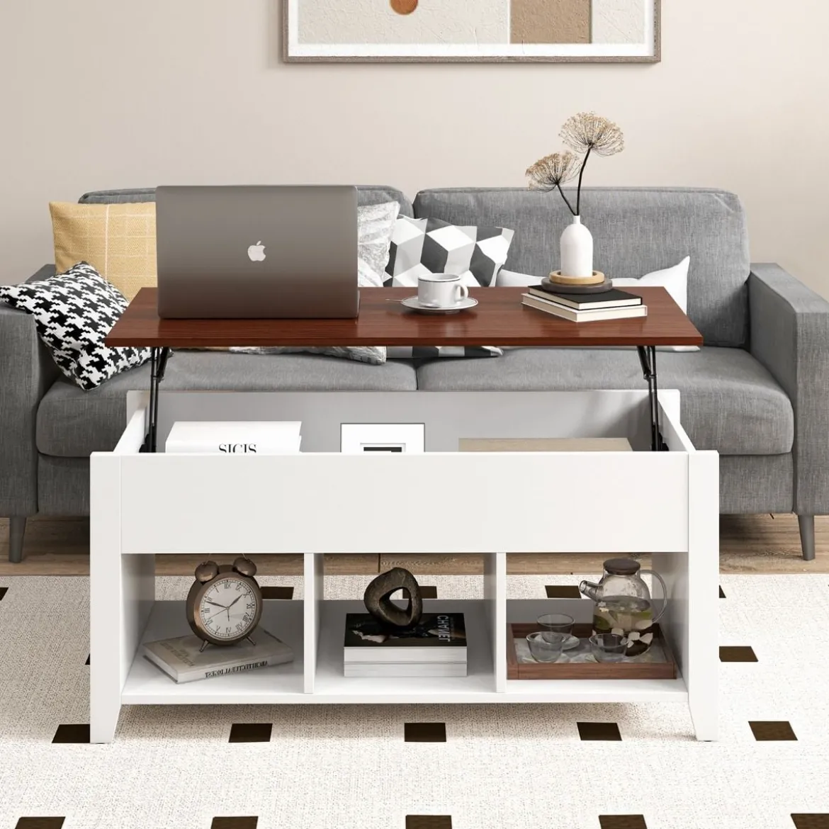 Sofatisch mit Hebeplatte Stauraum & 3 Offene Regale Höhenverstellbar 104,5 x 49 x 48-62,5 cm