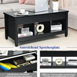 Sofatisch mit Hebeplatte Stauraum & 3 Offene Regale Höhenverstellbar 104,5 x 49 x 48-62,5 cm