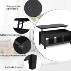 Sofatisch mit Hebeplatte Stauraum & 3 Offene Regale Höhenverstellbar 104,5 x 49 x 48-62,5 cm