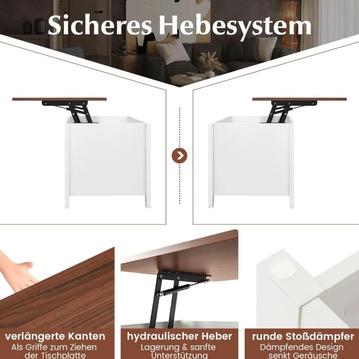 Sofatisch mit Hebeplatte Stauraum & 3 Offene Regale Höhenverstellbar 104,5 x 49 x 48-62,5 cm