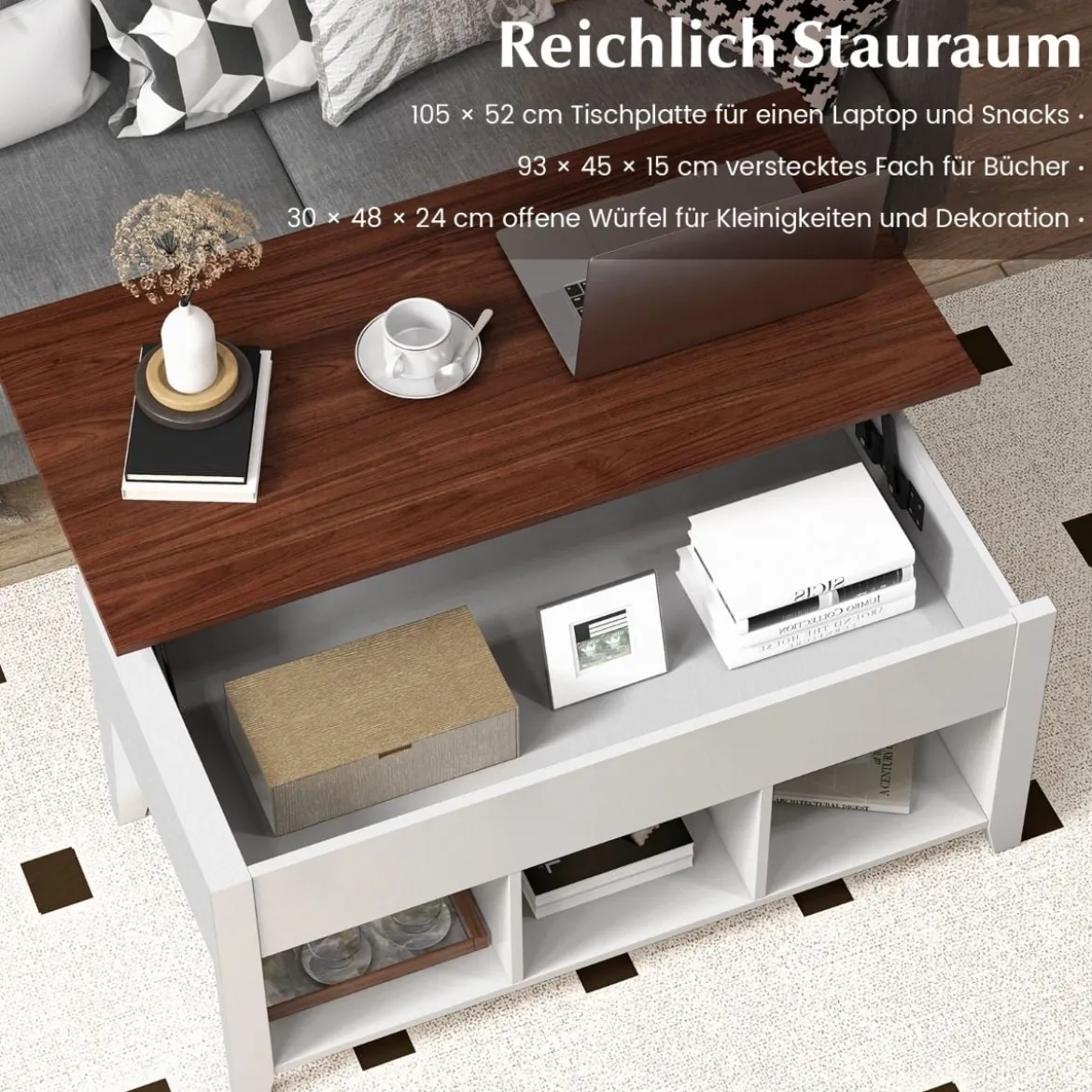 Sofatisch mit Hebeplatte Stauraum & 3 Offene Regale Höhenverstellbar 104,5 x 49 x 48-62,5 cm