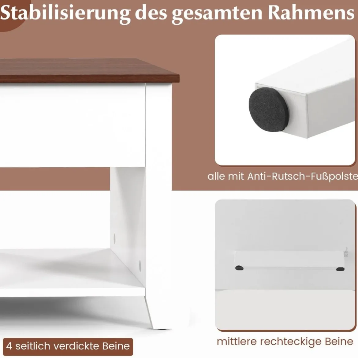 Sofatisch mit Hebeplatte Stauraum & 3 Offene Regale Höhenverstellbar 104,5 x 49 x 48-62,5 cm