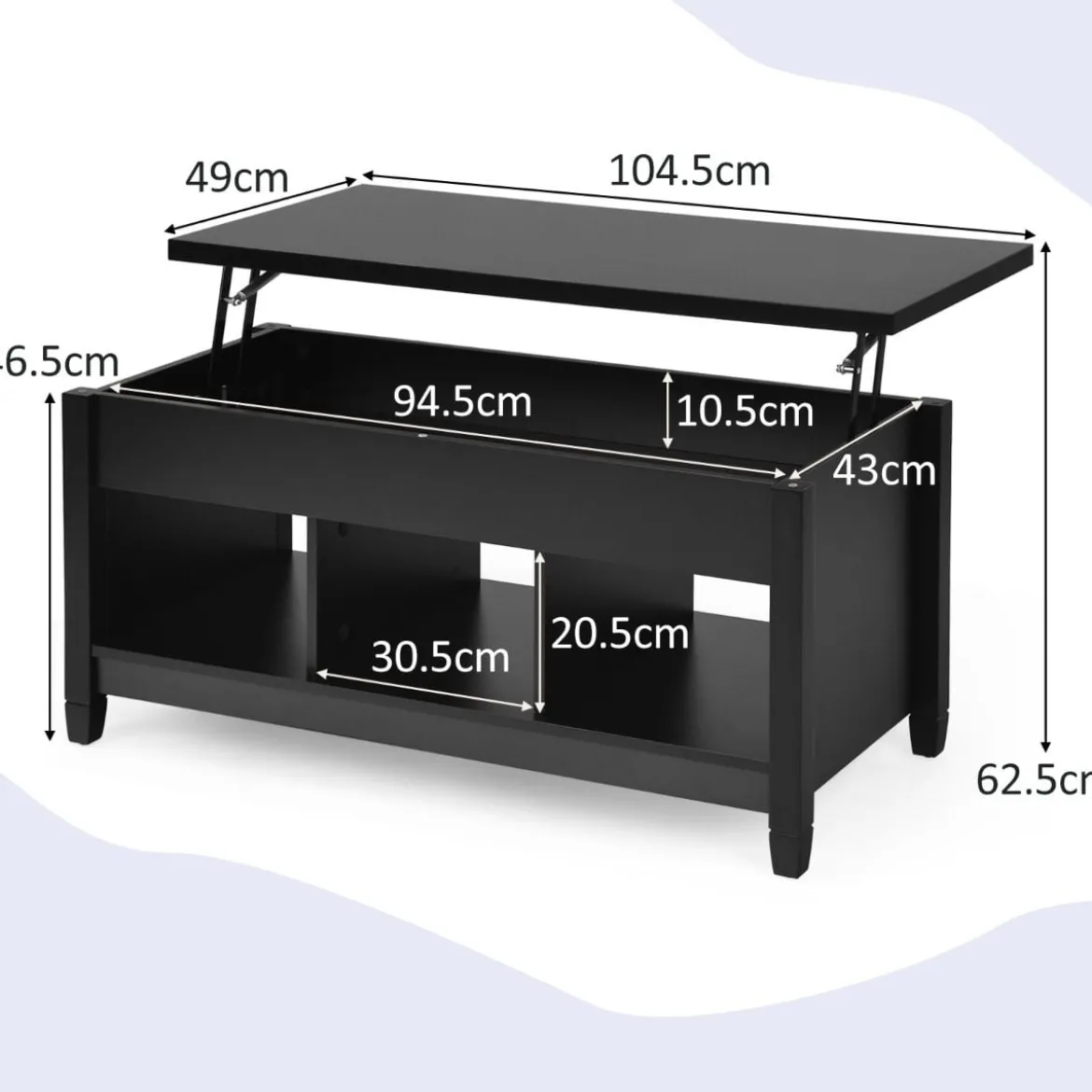 Sofatisch mit Hebeplatte Stauraum & 3 Offene Regale Höhenverstellbar 104,5 x 49 x 48-62,5 cm