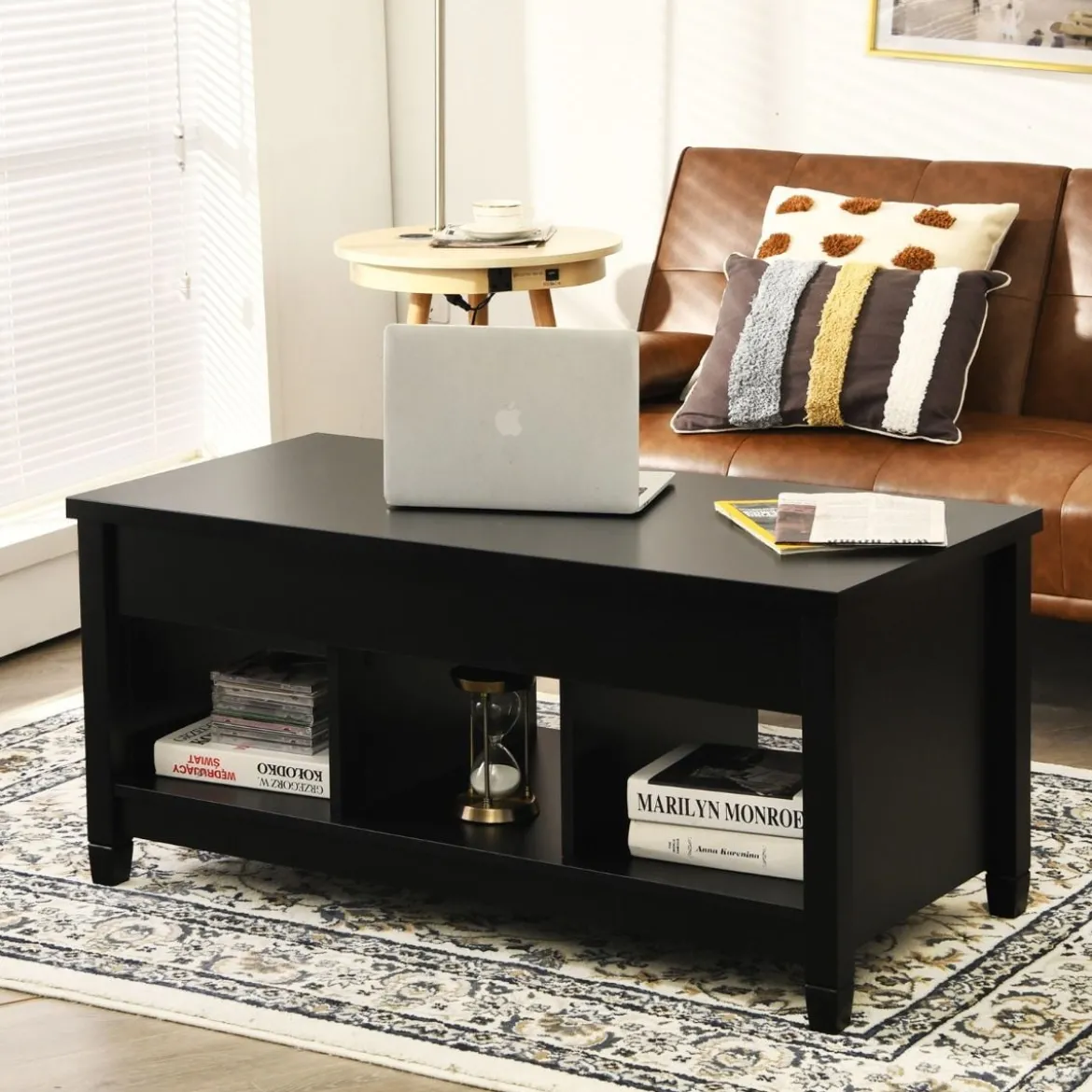 Sofatisch mit Hebeplatte Stauraum & 3 Offene Regale Höhenverstellbar 104,5 x 49 x 48-62,5 cm