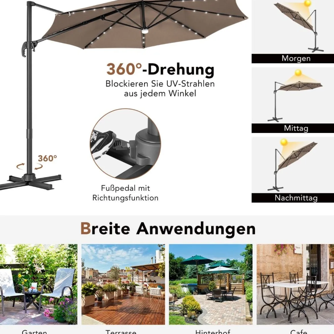 Solarbetriebener Schirm mit 28 LED-Lichtern & 3 Neigungseinstellungen Ø300 x 253 cm Braun