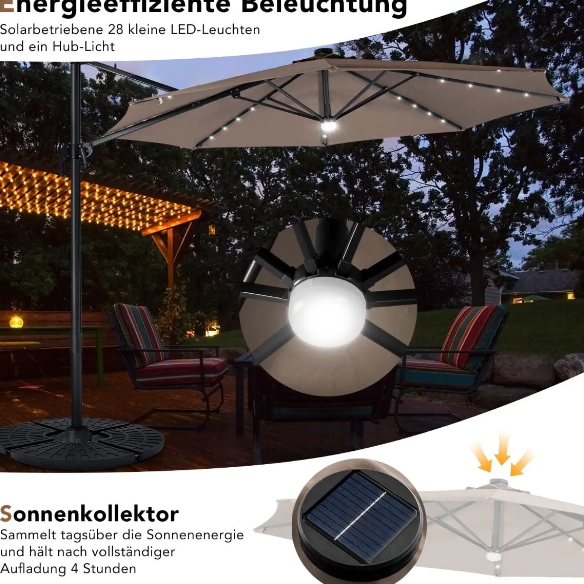 Solarbetriebener Schirm mit 28 LED-Lichtern & 3 Neigungseinstellungen Ø300 x 253 cm Braun