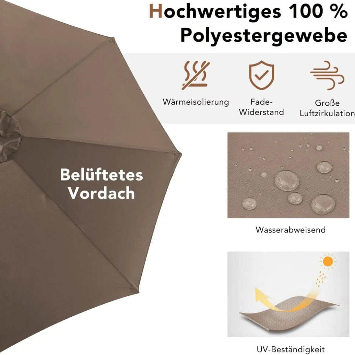 Solarbetriebener Schirm mit 28 LED-Lichtern & 3 Neigungseinstellungen Ø300 x 253 cm Braun