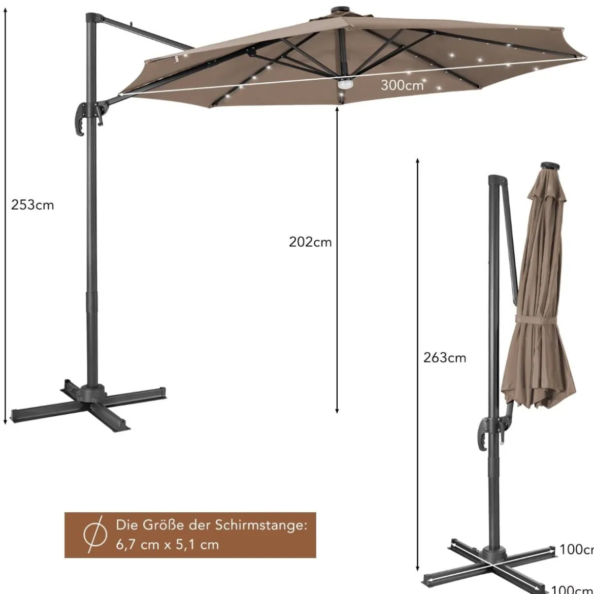 Solarbetriebener Schirm mit 28 LED-Lichtern & 3 Neigungseinstellungen Ø300 x 253 cm Braun