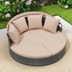 Sonneninsel mit Dach & Tisch & Sitz- und Rückenkissen Rattan Sonnenliege Gartenliege Beige