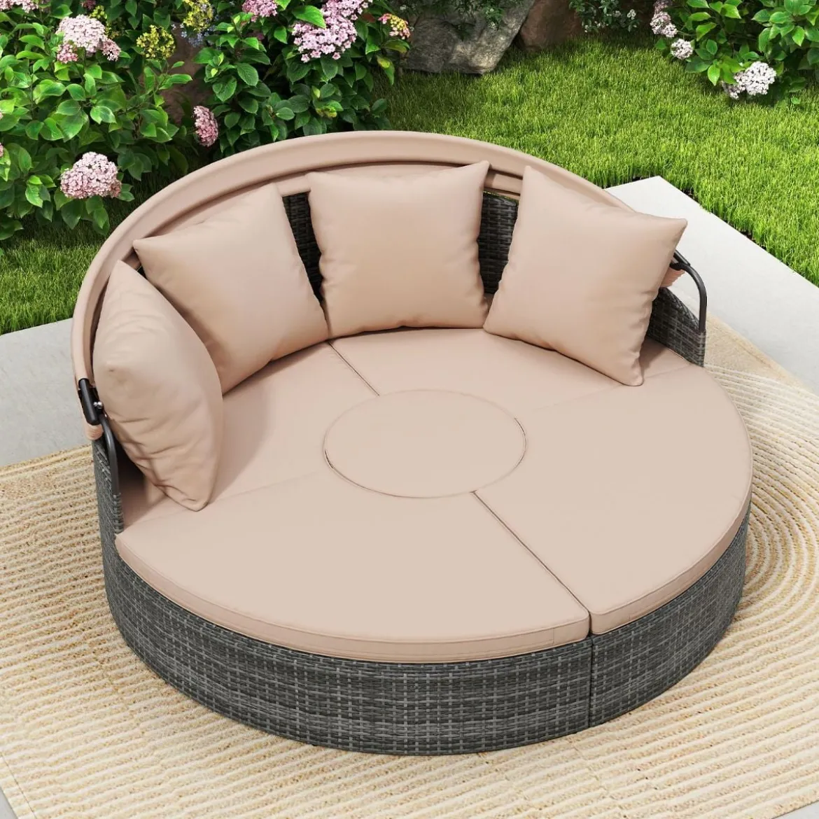 Sonneninsel mit Dach & Tisch & Sitz- und Rückenkissen Rattan Sonnenliege Gartenliege Beige
