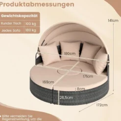 Sonneninsel mit Dach & Tisch & Sitz- und Rückenkissen Rattan Sonnenliege Gartenliege Beige