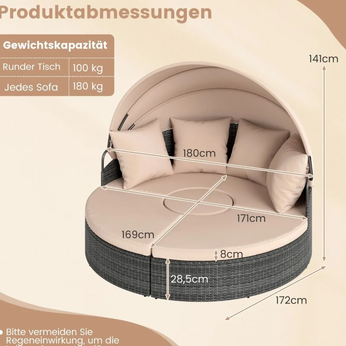 Sonneninsel mit Dach & Tisch & Sitz- und Rückenkissen Rattan Sonnenliege Gartenliege Beige