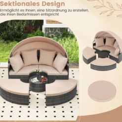 Sonneninsel mit Dach & Tisch & Sitz- und Rückenkissen Rattan Sonnenliege Gartenliege Beige
