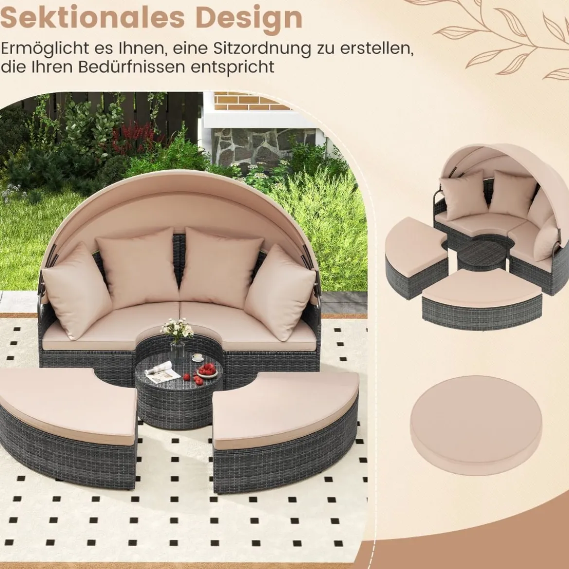 Sonneninsel mit Dach & Tisch & Sitz- und Rückenkissen Rattan Sonnenliege Gartenliege Beige
