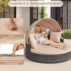 Sonneninsel mit Dach & Tisch & Sitz- und Rückenkissen Rattan Sonnenliege Gartenliege Beige