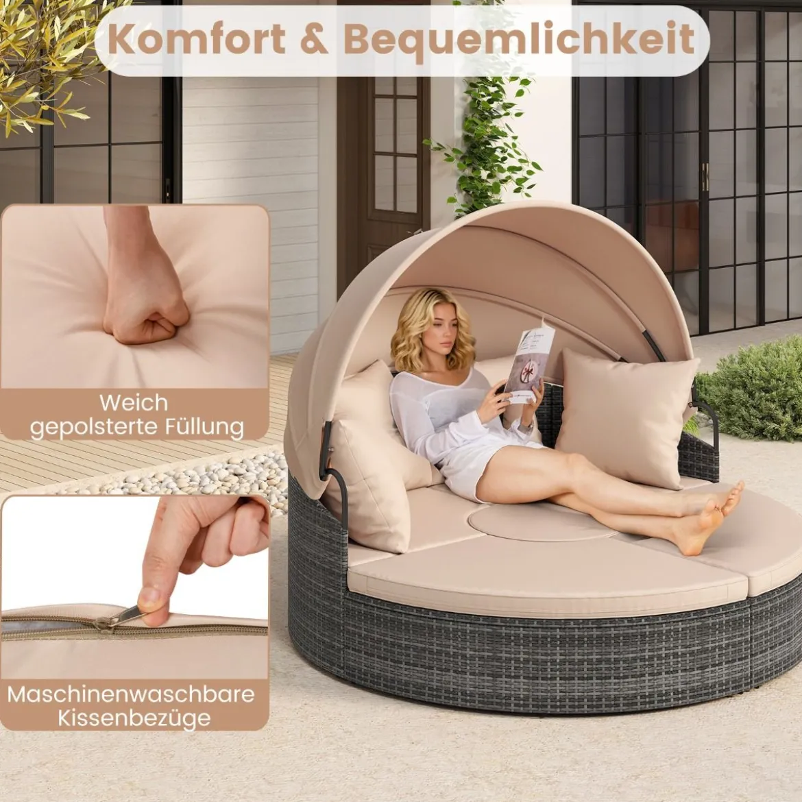 Sonneninsel mit Dach & Tisch & Sitz- und Rückenkissen Rattan Sonnenliege Gartenliege Beige