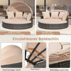 Sonneninsel mit Dach & Tisch & Sitz- und Rückenkissen Rattan Sonnenliege Gartenliege Beige
