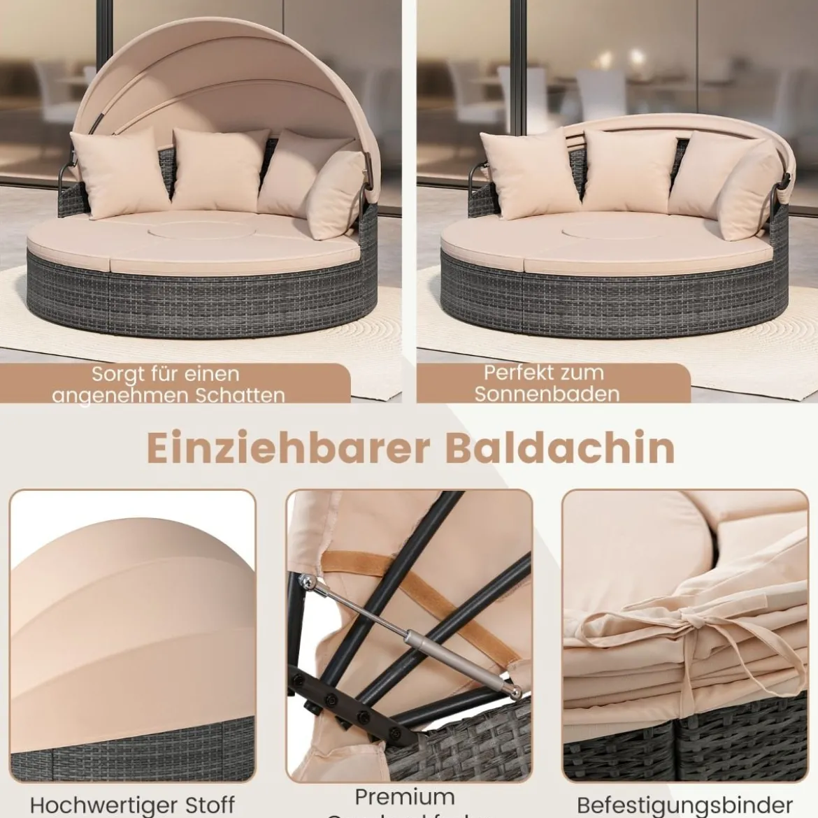 Sonneninsel mit Dach & Tisch & Sitz- und Rückenkissen Rattan Sonnenliege Gartenliege Beige