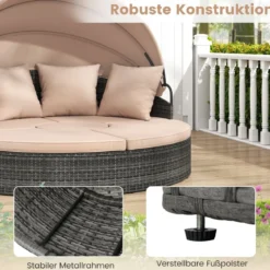 Sonneninsel mit Dach & Tisch & Sitz- und Rückenkissen Rattan Sonnenliege Gartenliege Beige