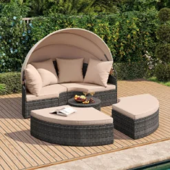 Sonneninsel mit Dach & Tisch & Sitz- und Rückenkissen Rattan Sonnenliege Gartenliege Beige