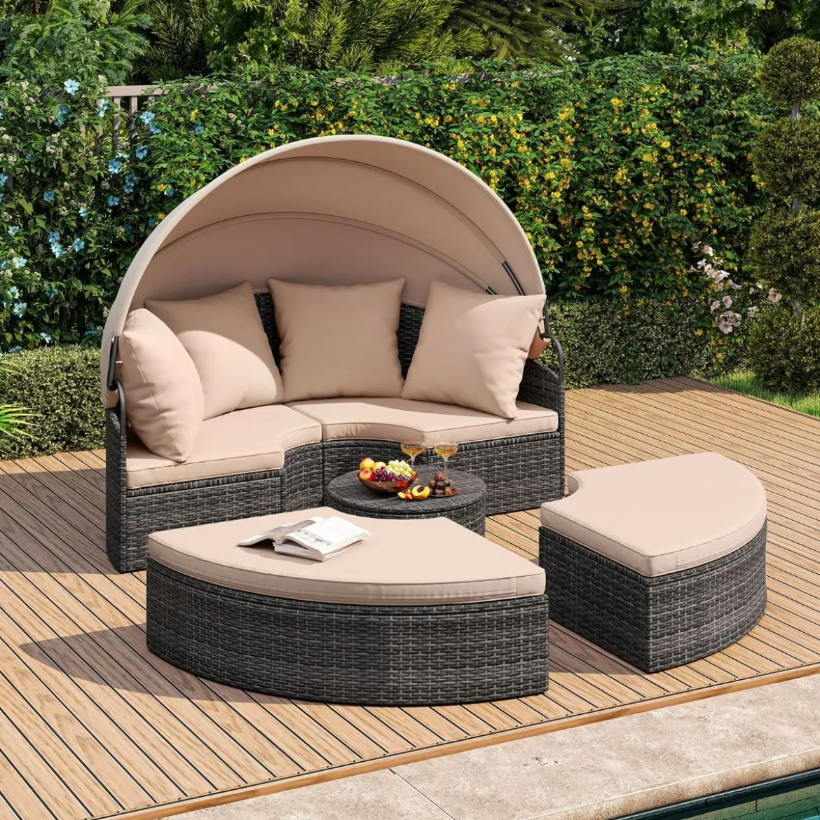 Sonneninsel mit Dach & Tisch & Sitz- und Rückenkissen Rattan Sonnenliege Gartenliege Beige