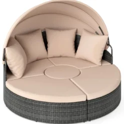 Sonneninsel mit Dach & Tisch & Sitz- und Rückenkissen Rattan Sonnenliege Gartenliege Beige