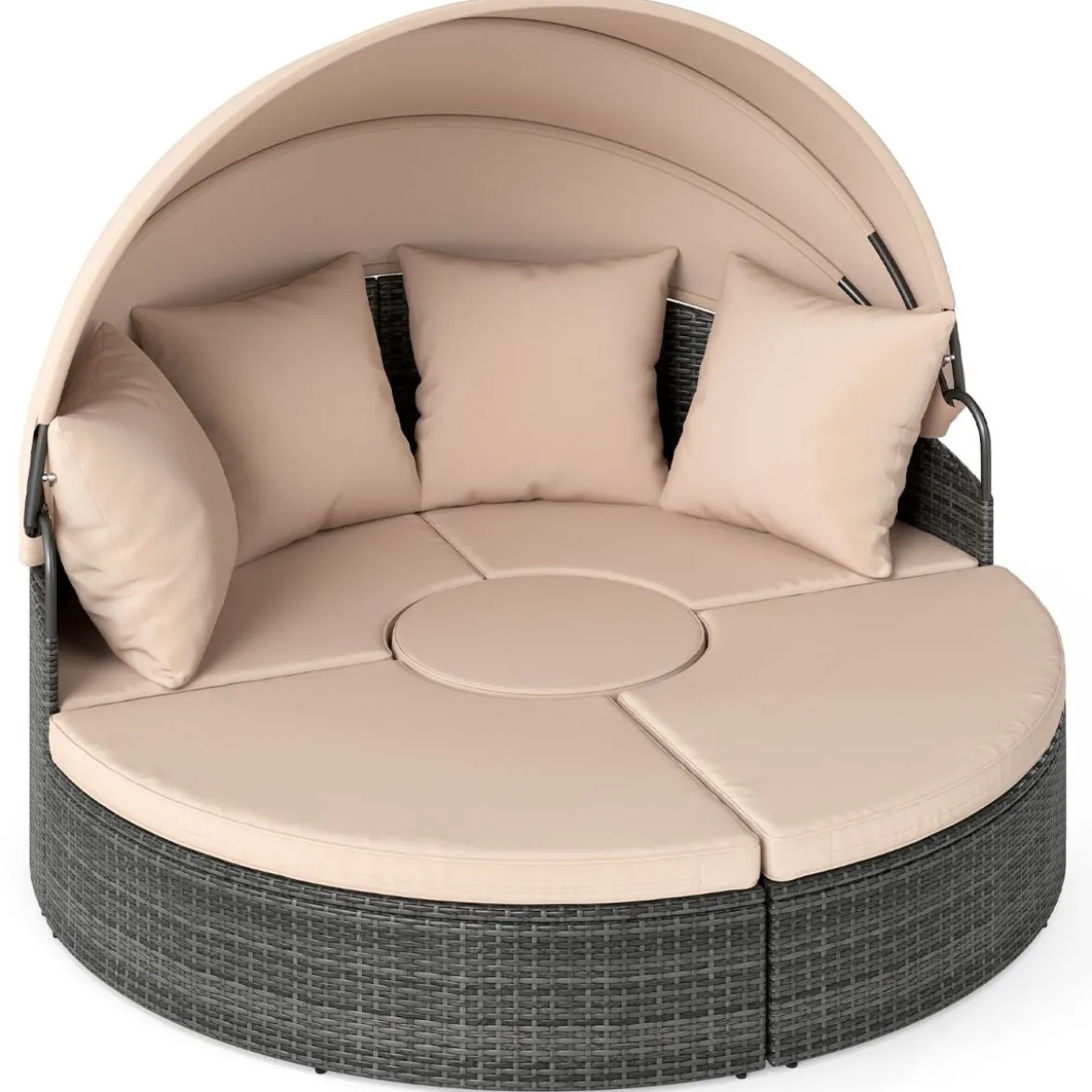 Sonneninsel mit Dach & Tisch & Sitz- und Rückenkissen Rattan Sonnenliege Gartenliege Beige