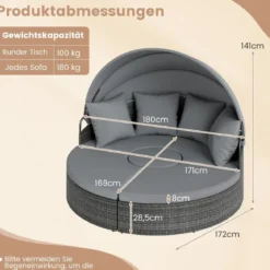 Sonneninsel mit Dach & Tisch & Sitz- und Rückenkissen Rattan Sonnenliege Gartenliege Grau