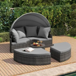Sonneninsel mit Dach & Tisch & Sitz- und Rückenkissen Rattan Sonnenliege Gartenliege Grau