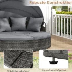 Sonneninsel mit Dach & Tisch & Sitz- und Rückenkissen Rattan Sonnenliege Gartenliege Grau