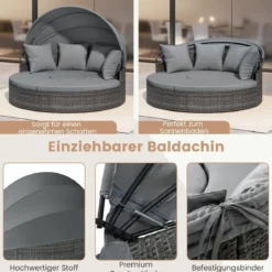 Sonneninsel mit Dach & Tisch & Sitz- und Rückenkissen Rattan Sonnenliege Gartenliege Grau