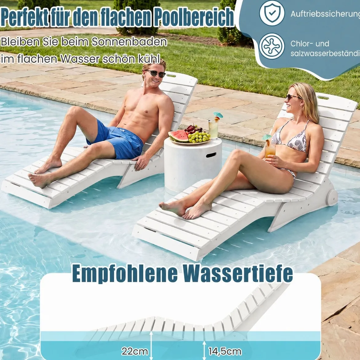 Sonnenliege aus HDPE Ergonomische Gartenliege in S Form Wetterfester Strandliege mit Rollen Weiß