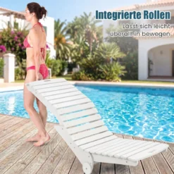Sonnenliege aus HDPE Ergonomische Gartenliege in S Form Wetterfester Strandliege mit Rollen Weiß