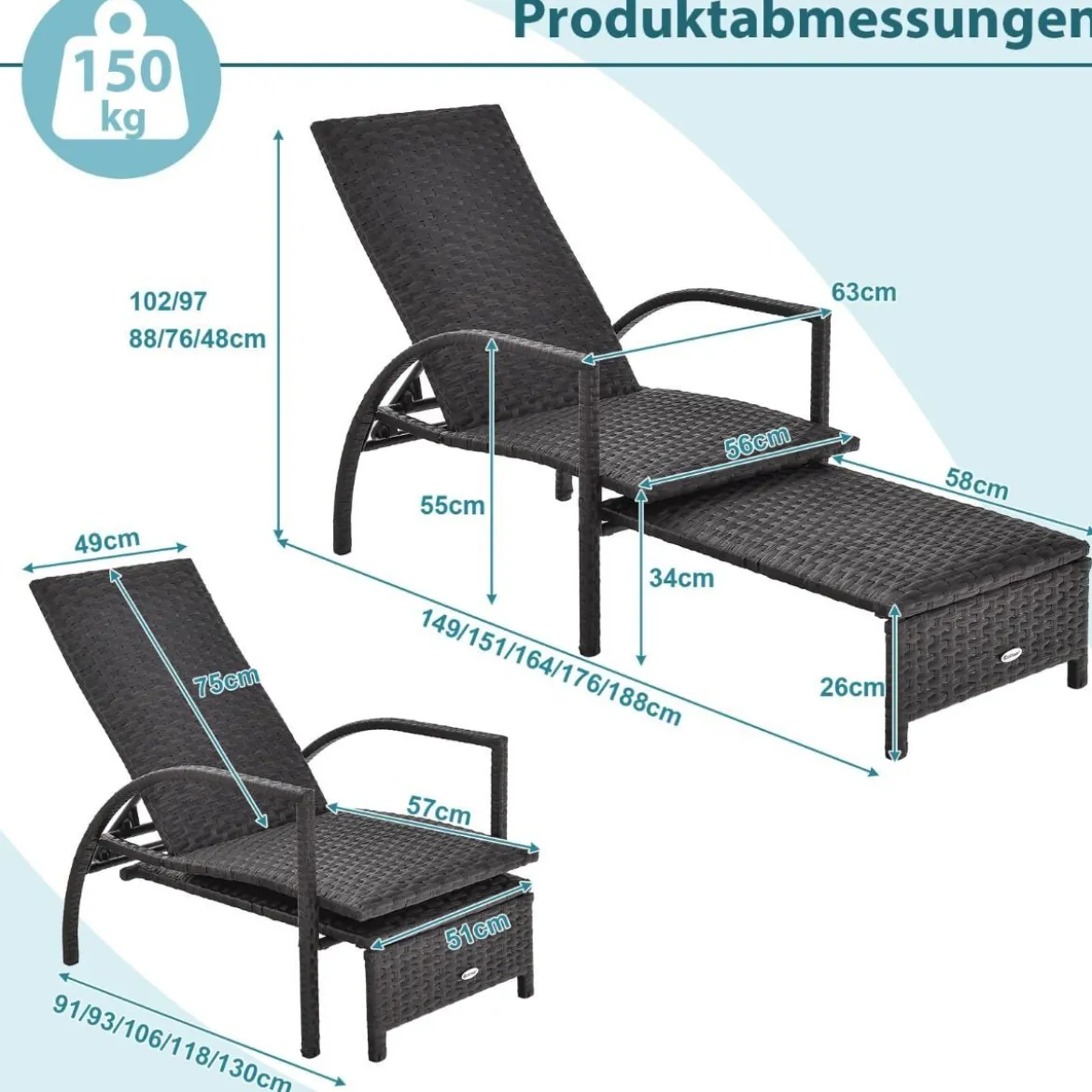 Sonnenliege aus Rattan mit Ausziehbarer Fußstütze & 5-stufig Verstellbarer Rückenlehne