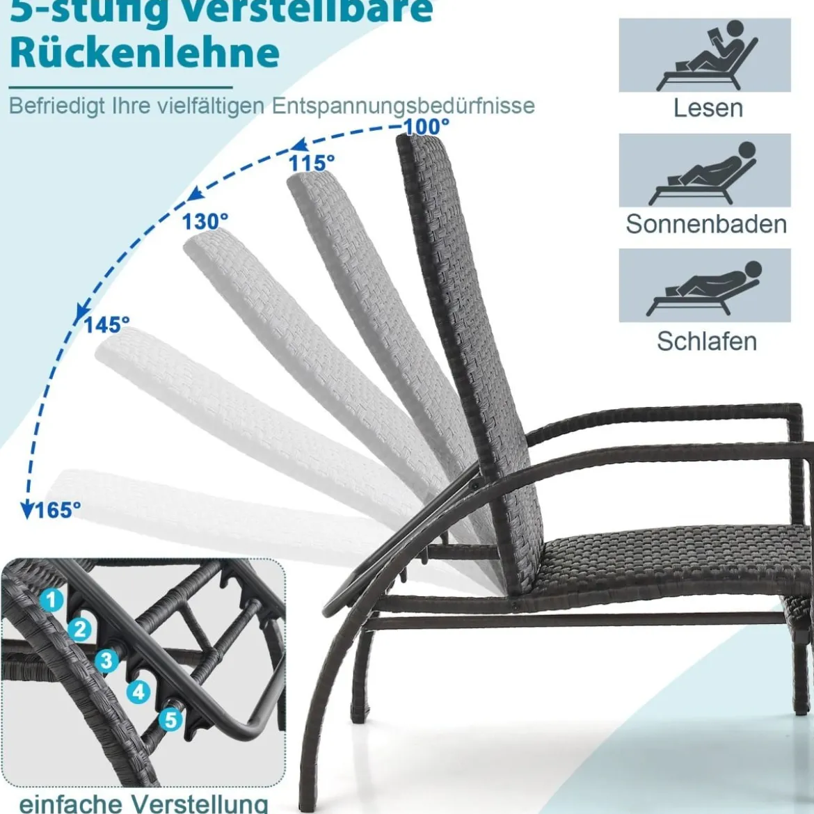 Sonnenliege aus Rattan mit Ausziehbarer Fußstütze & 5-stufig Verstellbarer Rückenlehne