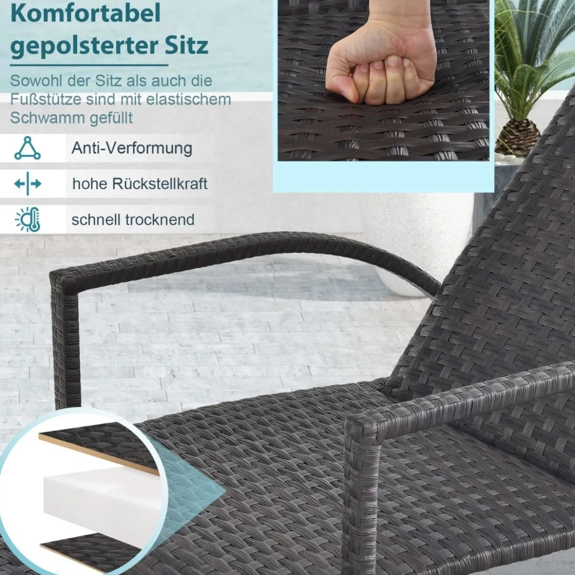 Sonnenliege aus Rattan mit Ausziehbarer Fußstütze & 5-stufig Verstellbarer Rückenlehne