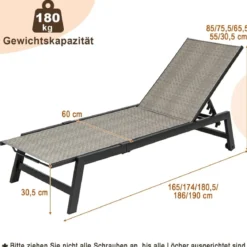 Sonnenliege aus Verzinktem Metall & PE-Rattan mit Rollen & 5-fach verstellbarer Rückenlehne