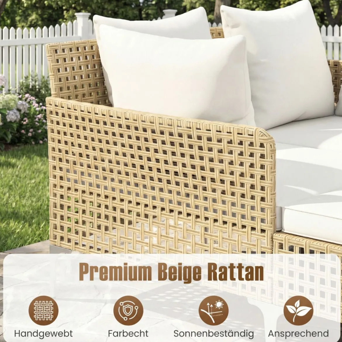 Sonnenliege Doppelliege aus Rattan für 2 Personen mit Sitz- & Rückenkissen Outdoor Gartenliege Beige