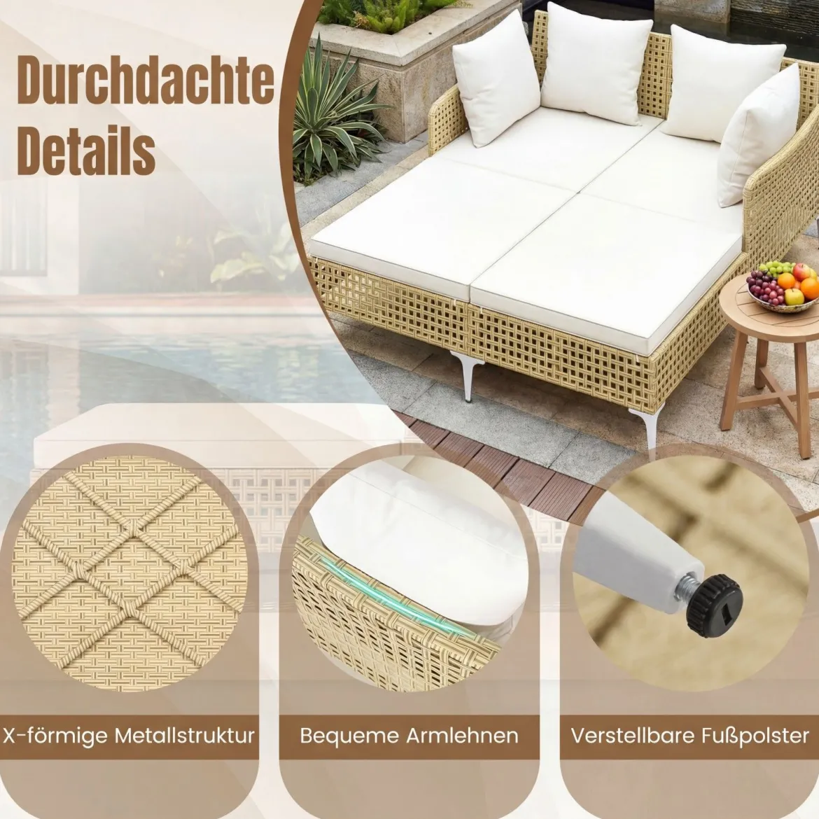 Sonnenliege Doppelliege aus Rattan für 2 Personen mit Sitz- & Rückenkissen Outdoor Gartenliege Beige
