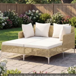 Sonnenliege Doppelliege aus Rattan für 2 Personen mit Sitz- & Rückenkissen Outdoor Gartenliege Beige