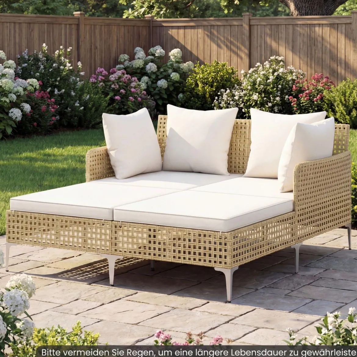 Sonnenliege Doppelliege aus Rattan für 2 Personen mit Sitz- & Rückenkissen Outdoor Gartenliege Beige
