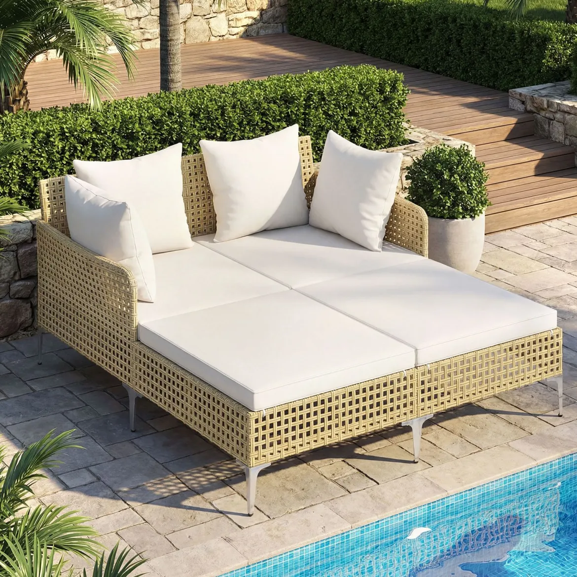 Sonnenliege Doppelliege aus Rattan für 2 Personen mit Sitz- & Rückenkissen Outdoor Gartenliege Beige