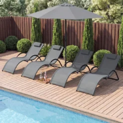 Sonnenliege Ergonomisch Gartenliege mit Abnehmbarem Kopfkissen Liegestuhl bis 160 kg Belastbar Blau/Grau