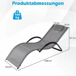 Sonnenliege Ergonomisch Gartenliege mit Abnehmbarem Kopfkissen Liegestuhl bis 160 kg Belastbar Blau/Grau