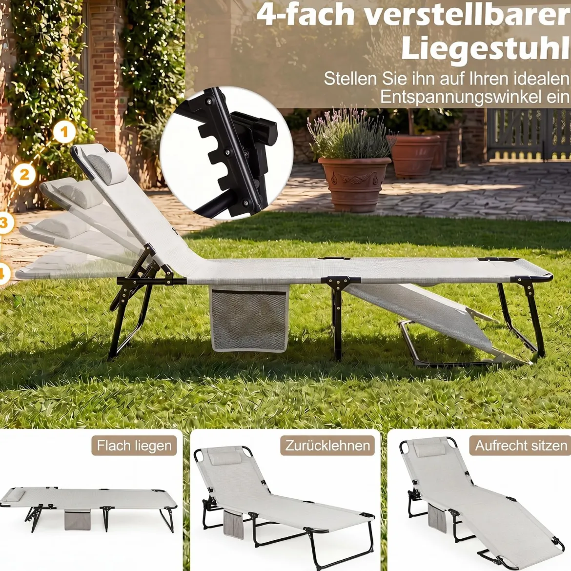 Sonnenliege Faltbare Liegestuhl mit Abnehmbare Matratze 4-fach Verstellbare Rückenlehne & Metallrahmen Grau