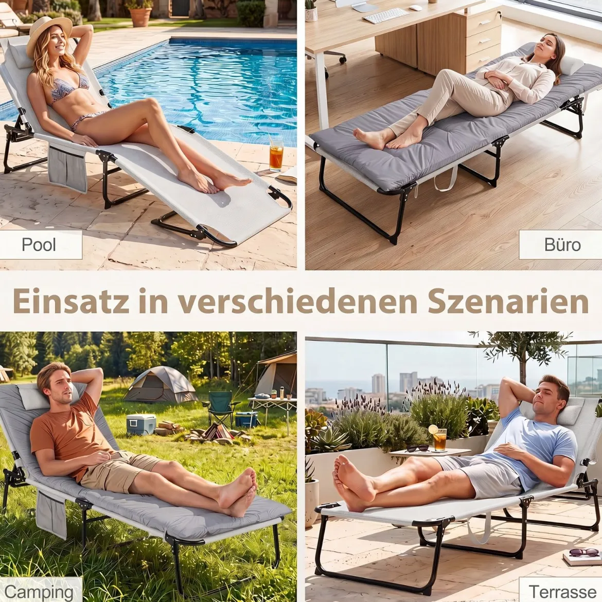 Sonnenliege Faltbare Liegestuhl mit Abnehmbare Matratze 4-fach Verstellbare Rückenlehne & Metallrahmen Grau
