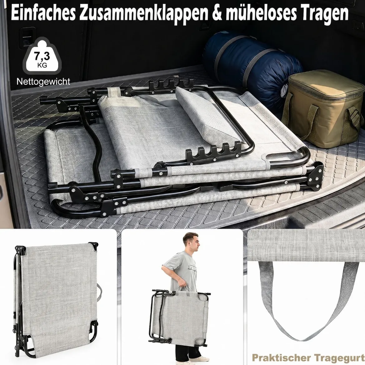Sonnenliege Faltbare Liegestuhl mit Abnehmbare Matratze 4-fach Verstellbare Rückenlehne & Metallrahmen Grau