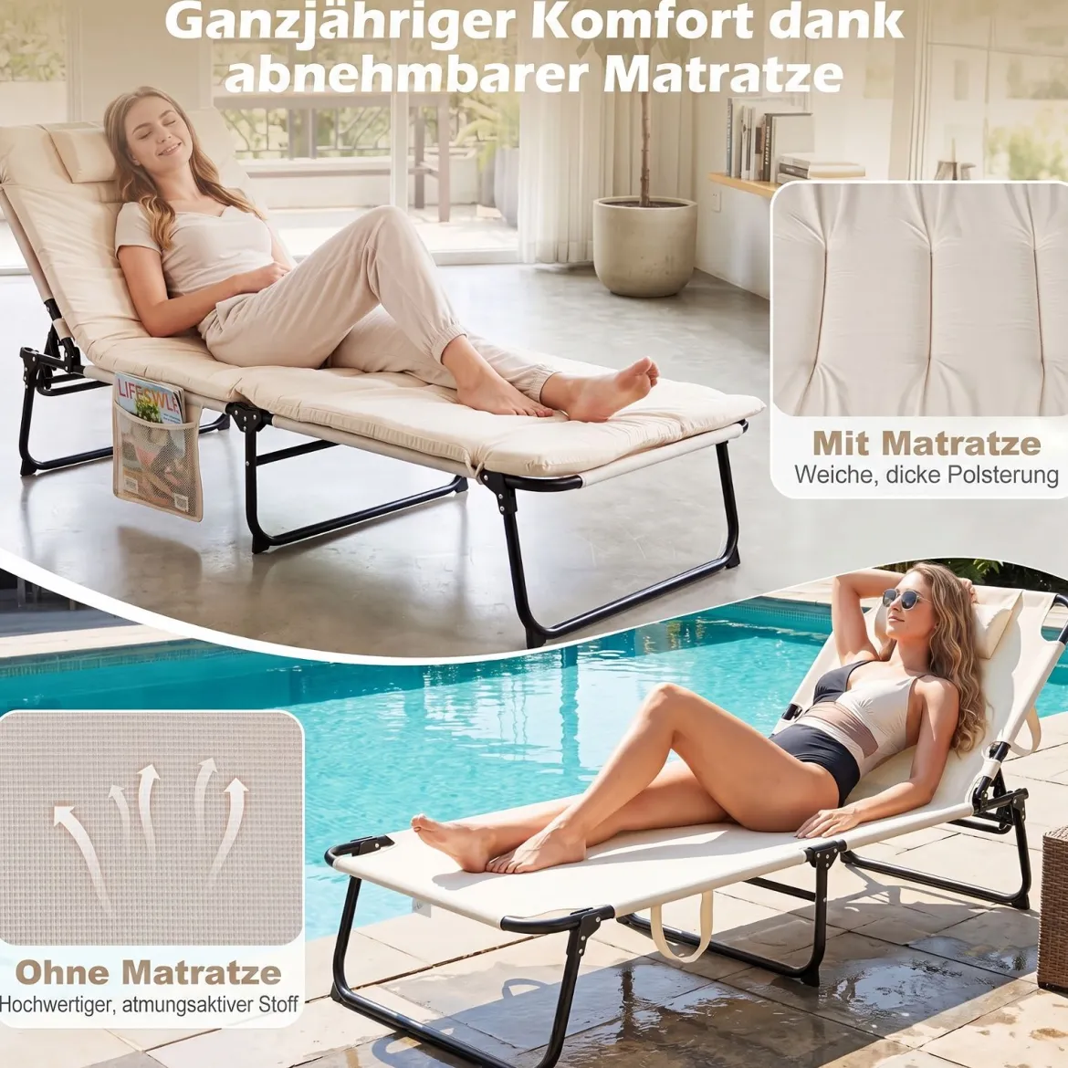 Sonnenliege Faltbare Liegestuhl mit Abnehmbare Matratze 4-fach Verstellbare Rückenlehne & Metallrahmen Beige