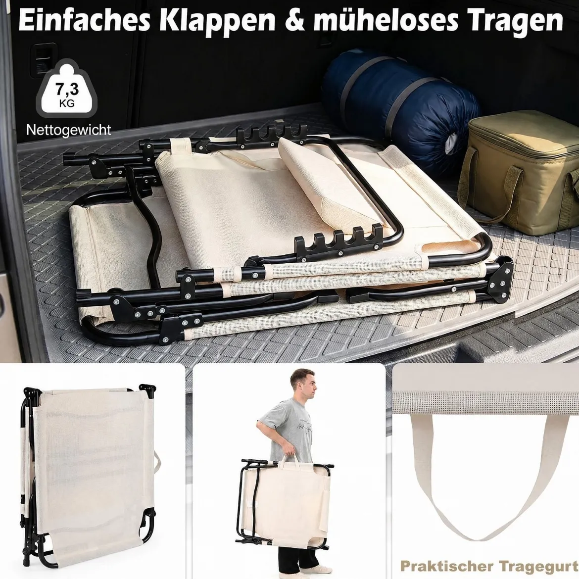 Sonnenliege Faltbare Liegestuhl mit Abnehmbare Matratze 4-fach Verstellbare Rückenlehne & Metallrahmen Beige
