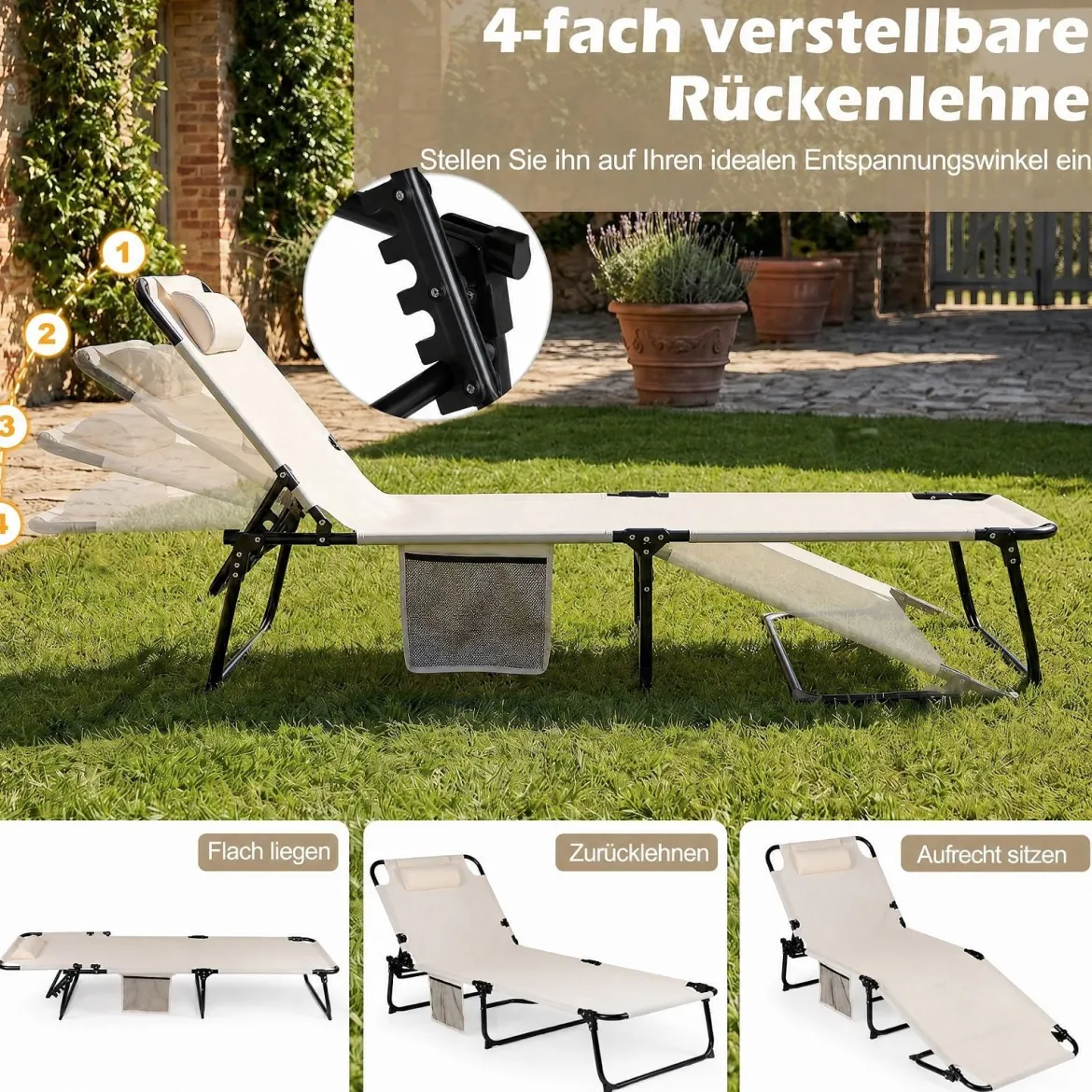 Sonnenliege Faltbare Liegestuhl mit Abnehmbare Matratze 4-fach Verstellbare Rückenlehne & Metallrahmen Beige